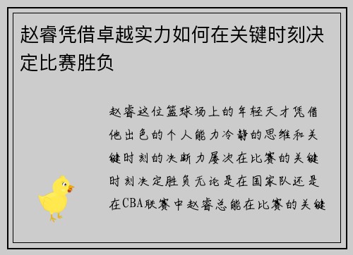 赵睿凭借卓越实力如何在关键时刻决定比赛胜负