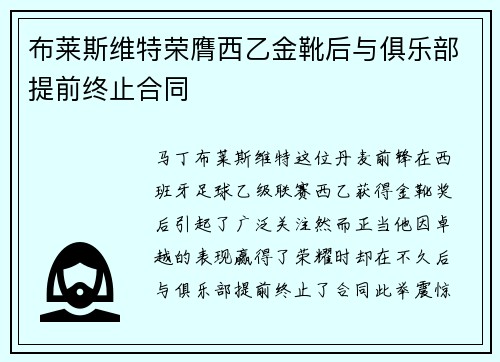 布莱斯维特荣膺西乙金靴后与俱乐部提前终止合同